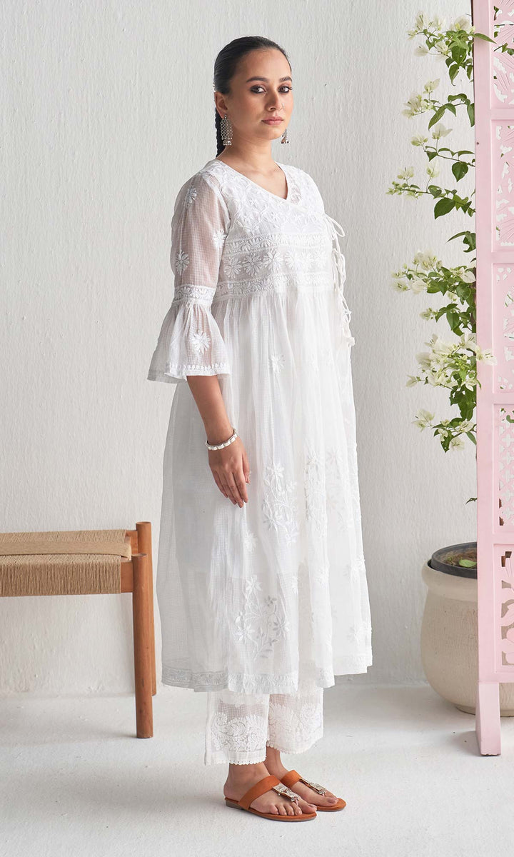 Handcrafted Chikankari White Angrakha with Inner