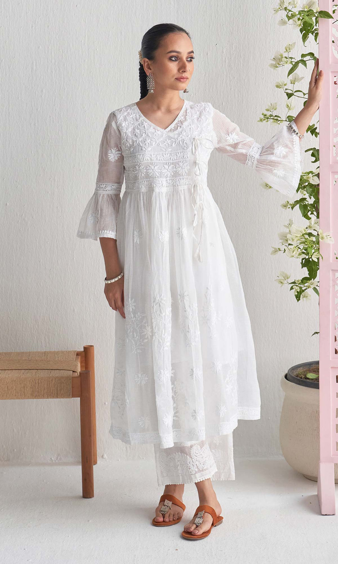 Handcrafted Chikankari White Angrakha with Inner