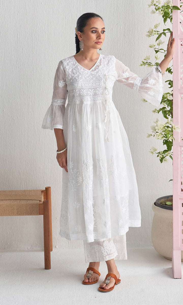 Handcrafted Chikankari White Angrakha with Inner