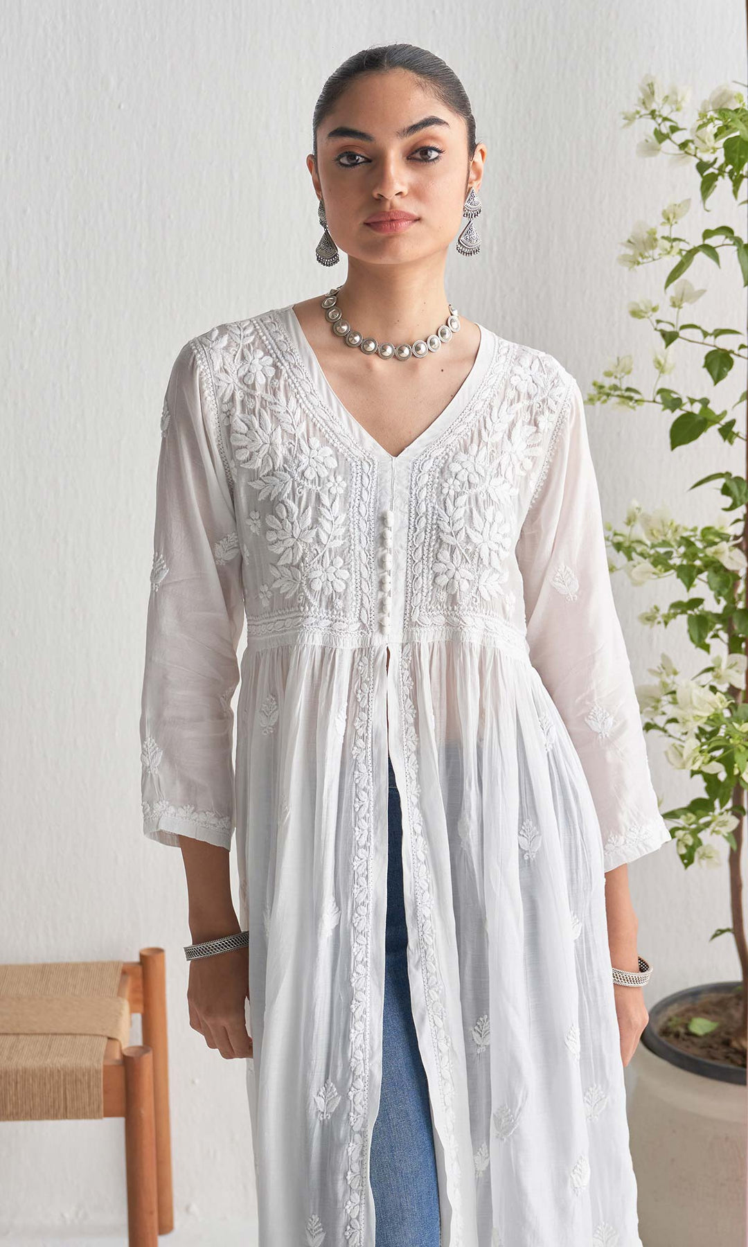 Handcrafted Chikankari White A-Line Front Open Yoke Kurta
