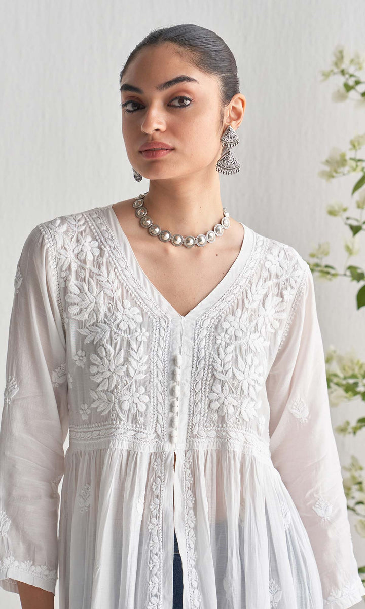 Handcrafted Chikankari White A-Line Front Open Yoke Kurta