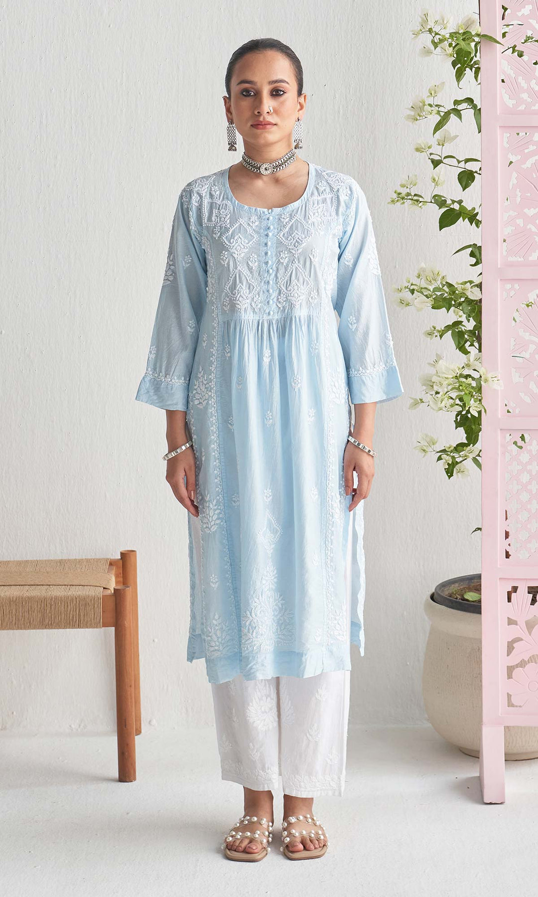Handcrafted Chikankari Blue Straight Kurta