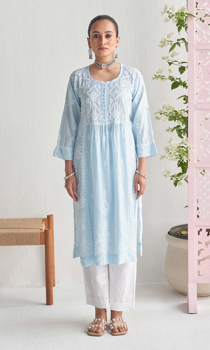 Handcrafted Chikankari Blue Straight Kurta