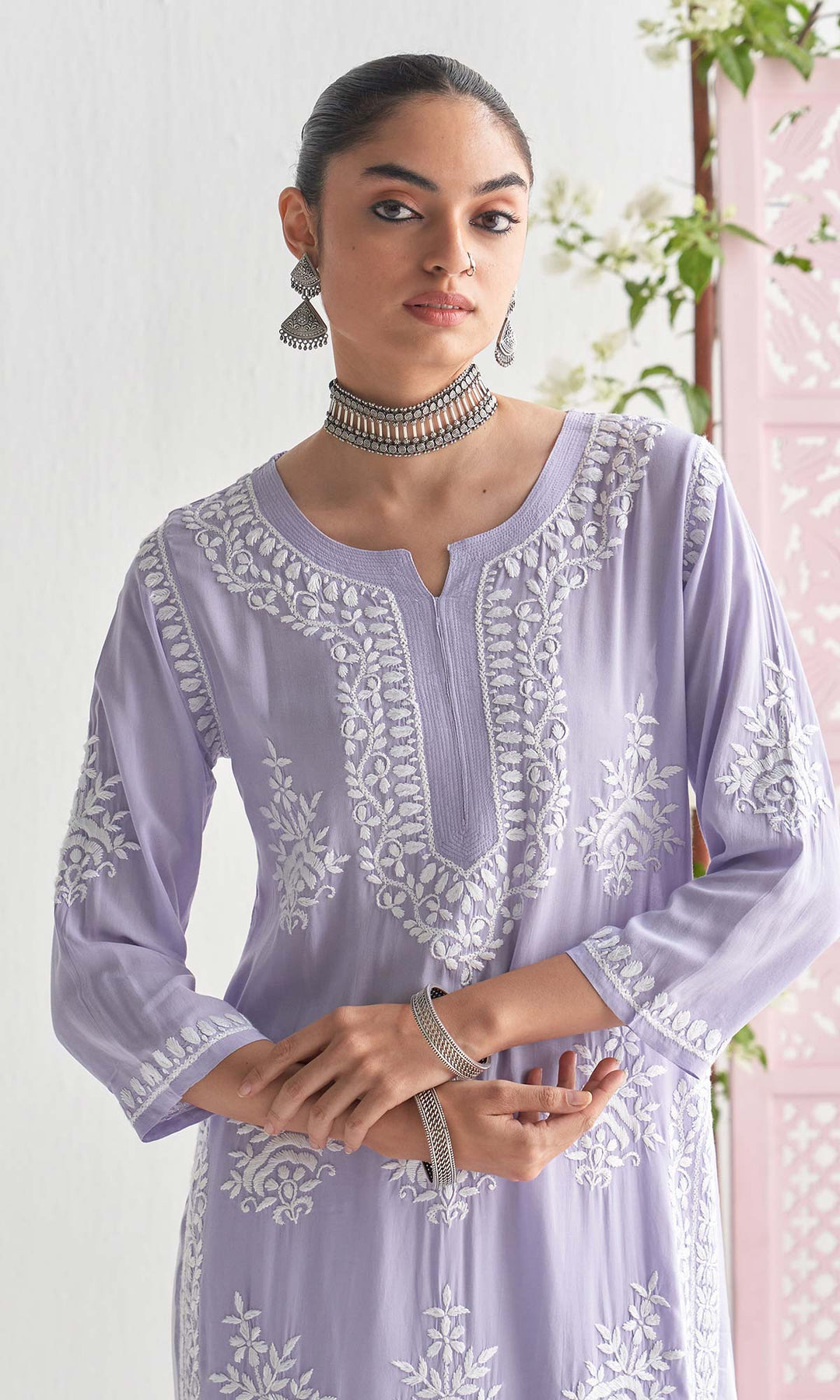 Handcrafted Chikankari Purple Straight Kurta