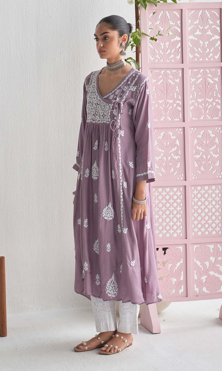 Handcrafted Chikankari Purple Angrakha