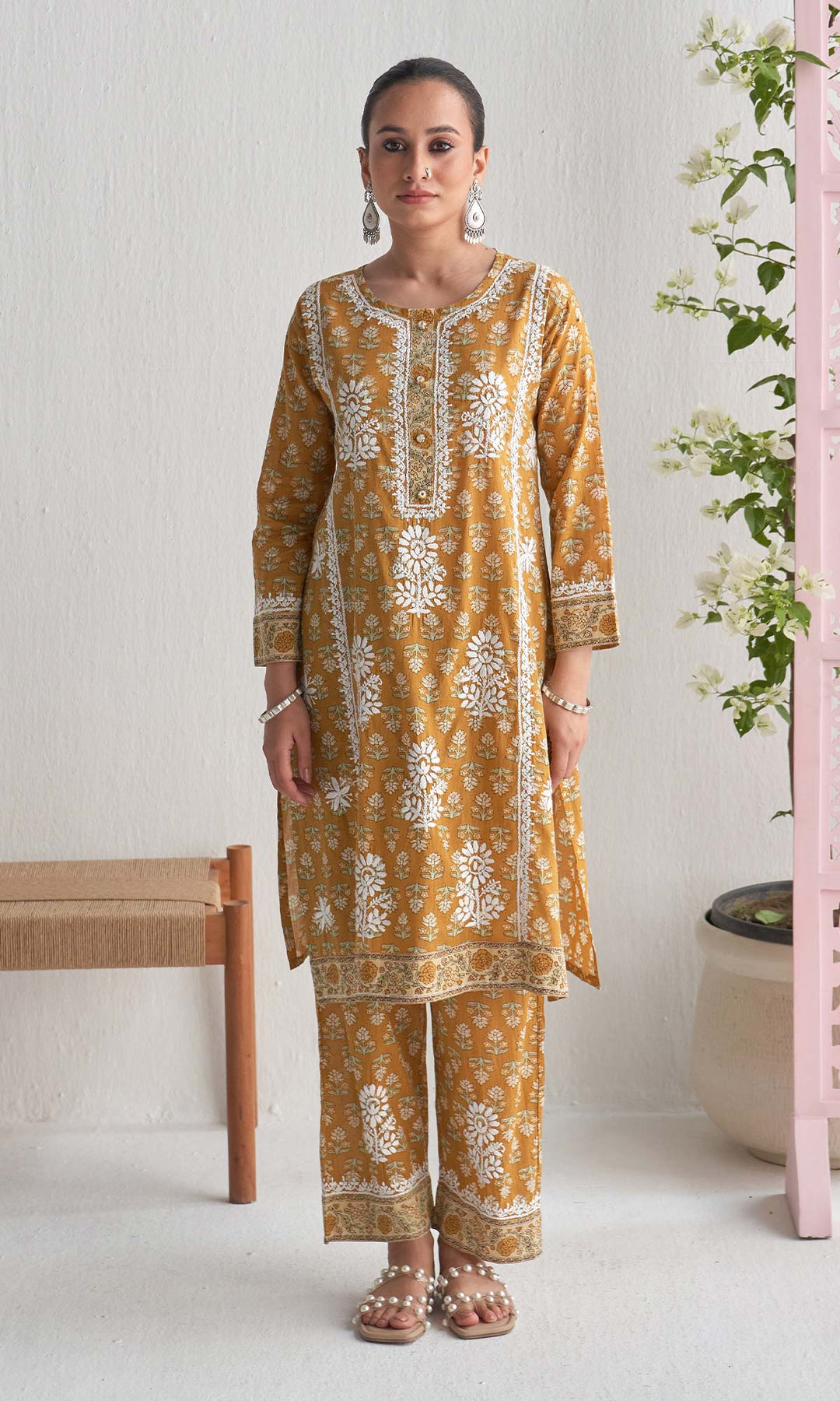 Handcrafted Chikankari Mustard 2PC Kurta-Pant Set
