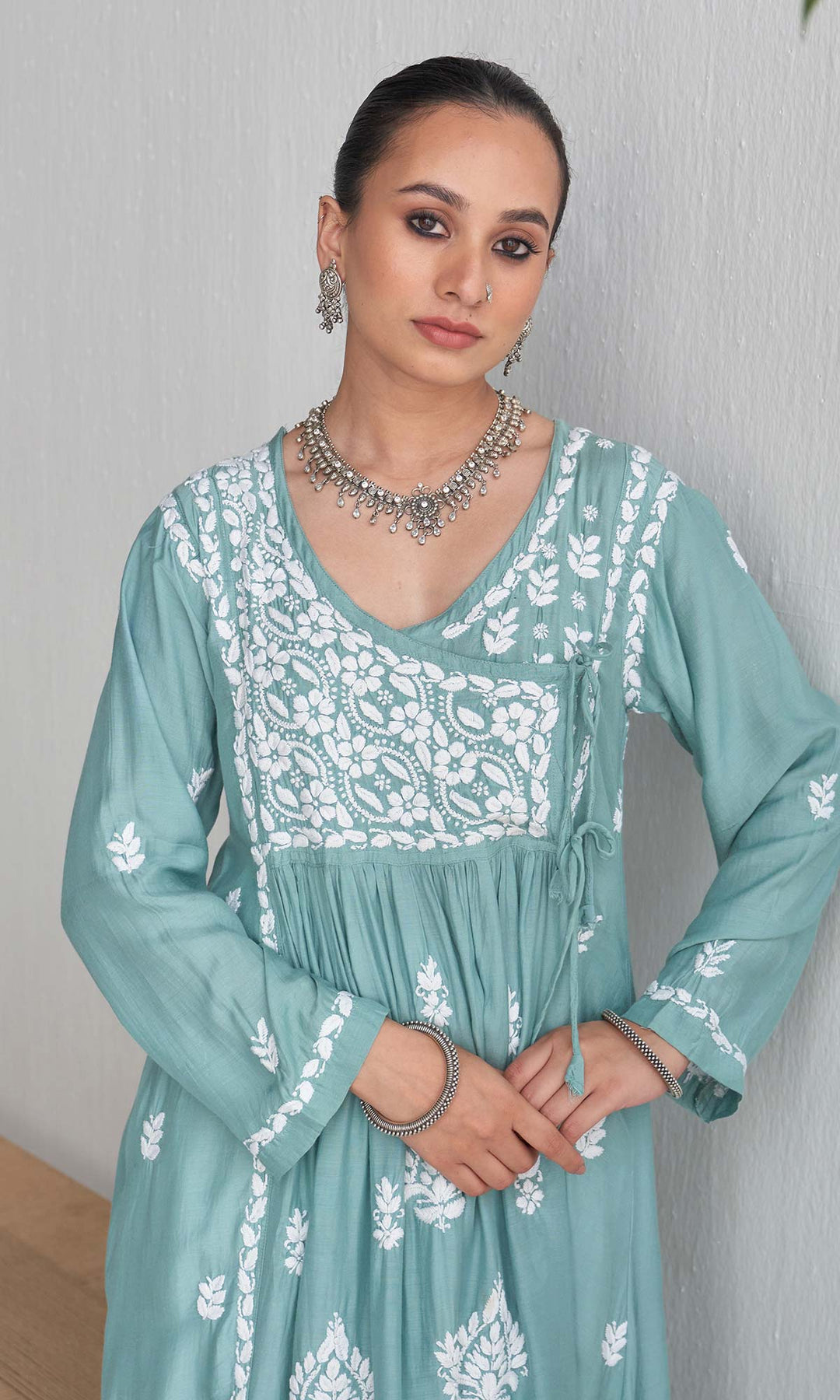 Handcrafted Chikankari Green Angrakha