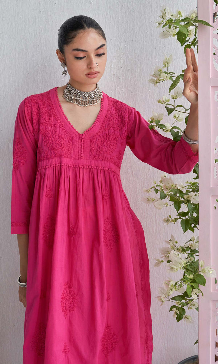 Handcrafted Chikankari Pink A-Line Short Yoke Kurta