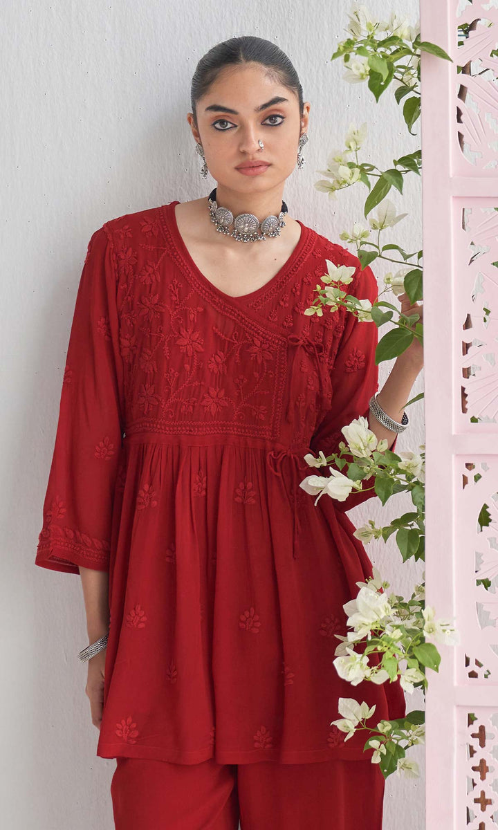 Handcrafted Chikankari Maroon Short Angrakha Kurta-Palazzo Set