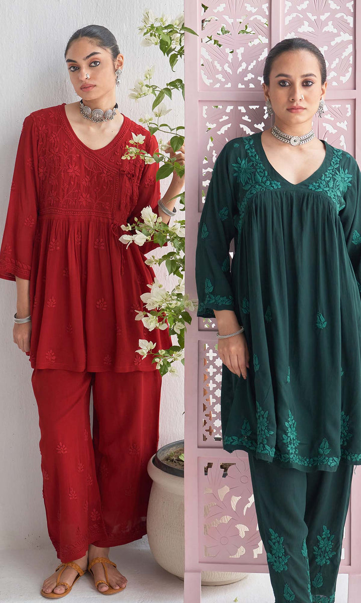 Handcrafted Chikankari Maroon Short Angrakha Kurta-Palazzo Set