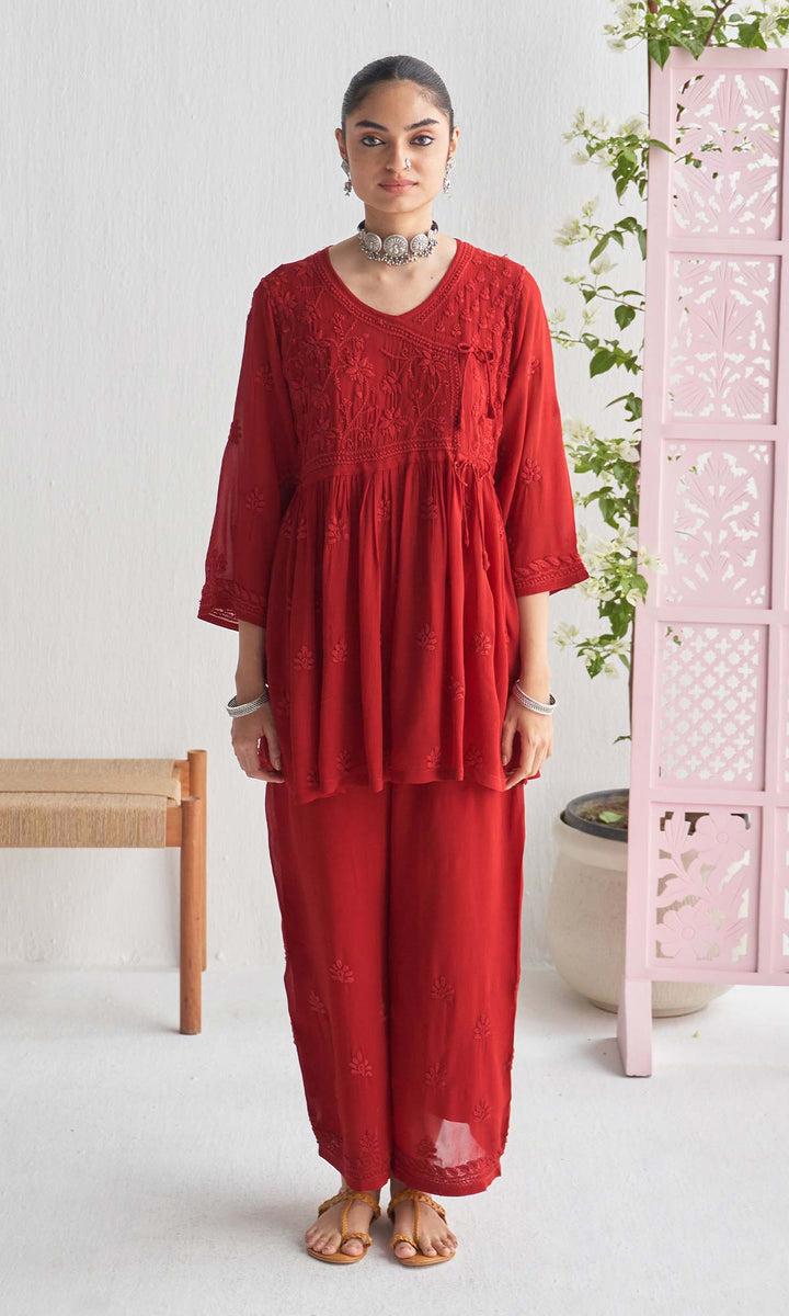 Handcrafted Chikankari Maroon Short Angrakha Kurta-Palazzo Set