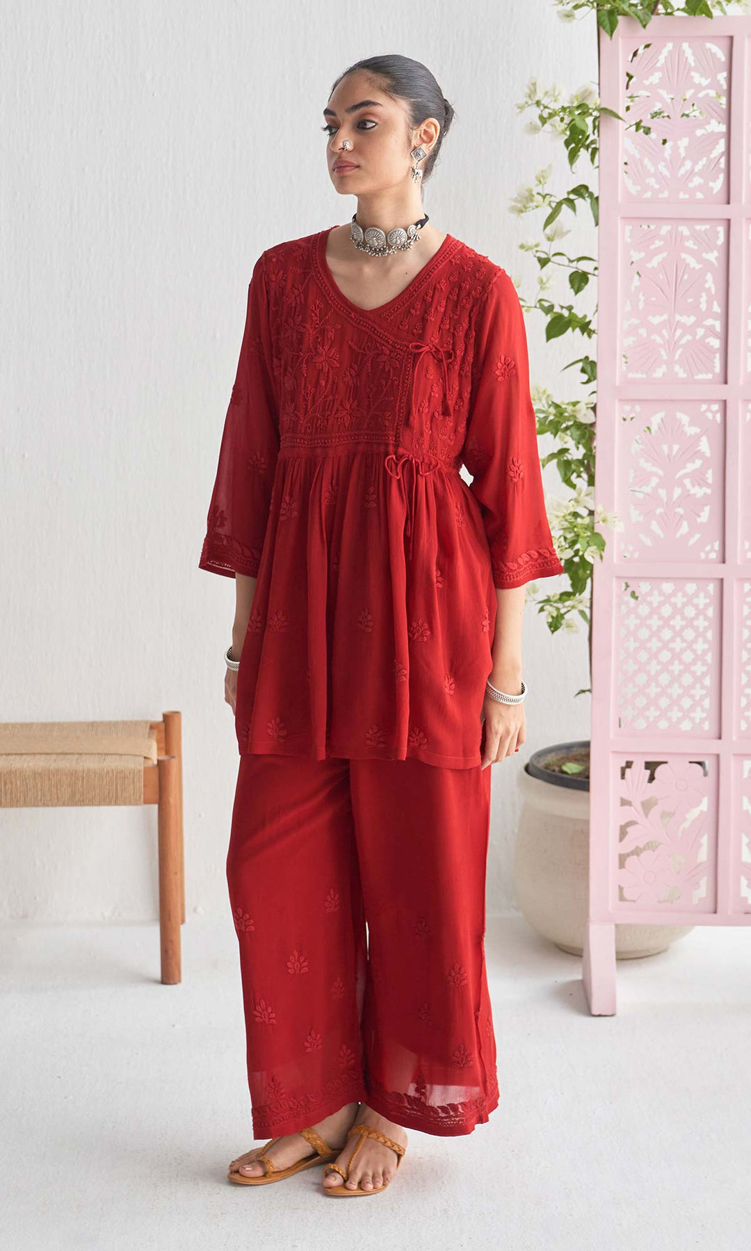 Handcrafted Chikankari Maroon Short Angrakha Kurta-Palazzo Set