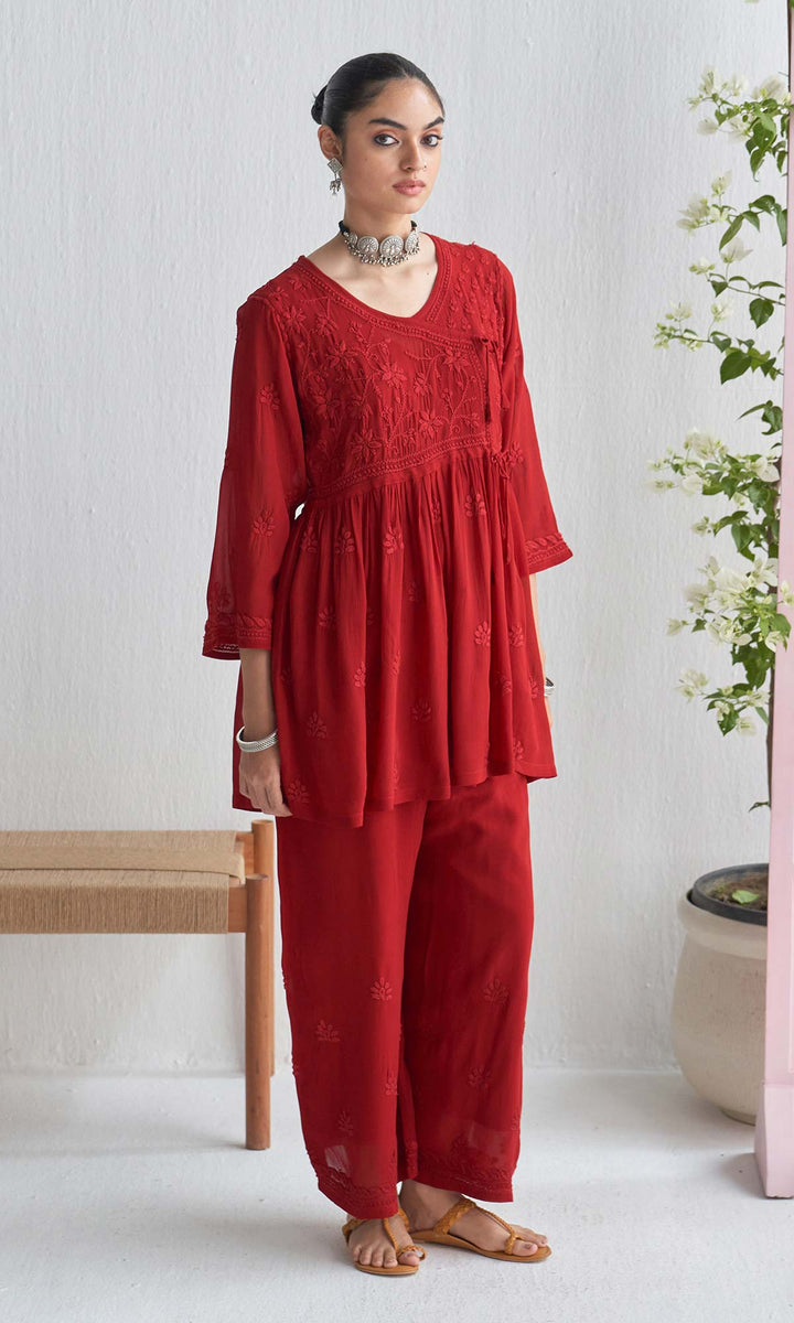Handcrafted Chikankari Maroon Short Angrakha Kurta-Palazzo Set