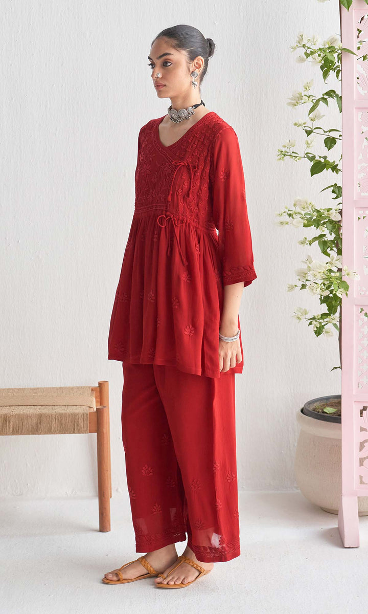 Handcrafted Chikankari Maroon Short Angrakha Kurta-Palazzo Set