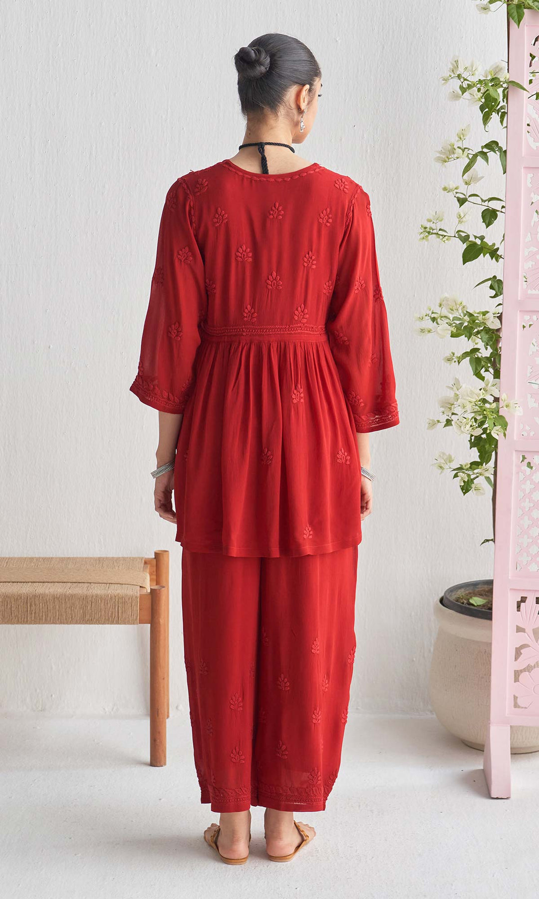 Handcrafted Chikankari Maroon Short Angrakha Kurta-Palazzo Set
