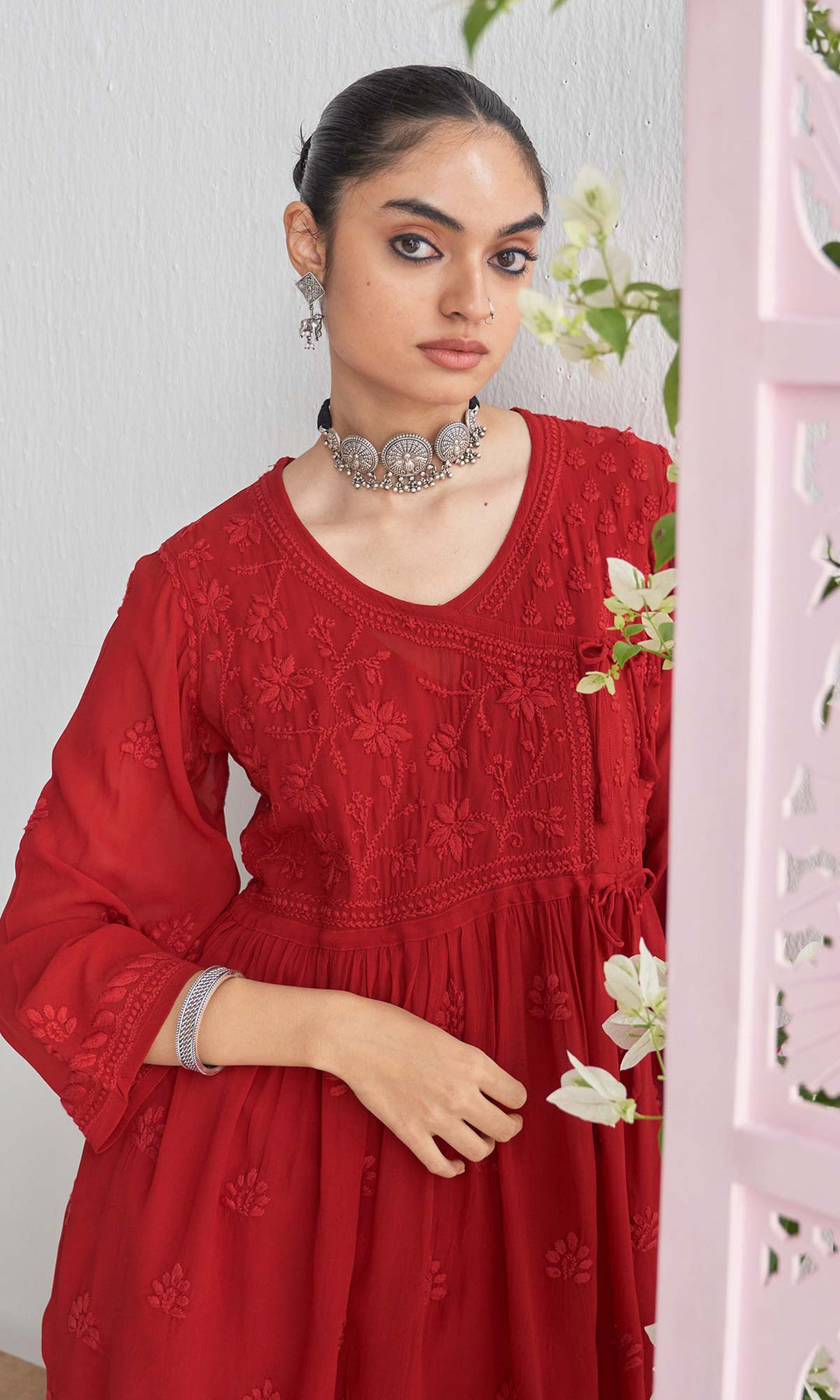 Handcrafted Chikankari Maroon Short Angrakha Kurta-Palazzo Set