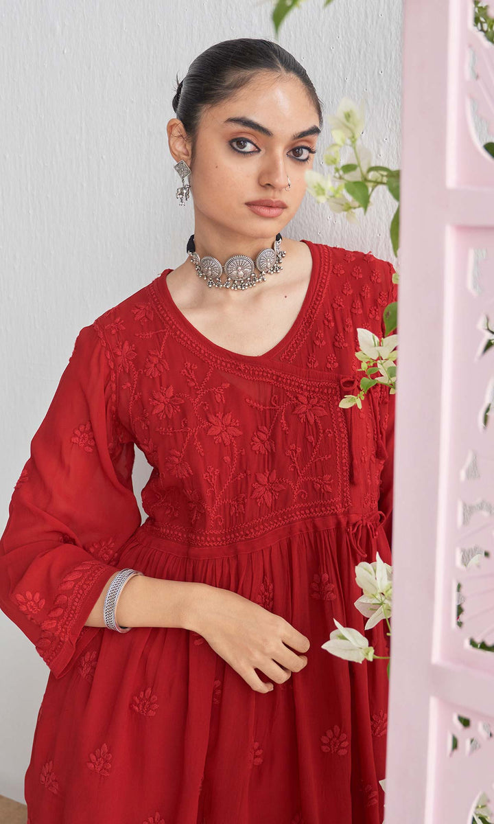 Handcrafted Chikankari Maroon Short Angrakha Kurta-Palazzo Set