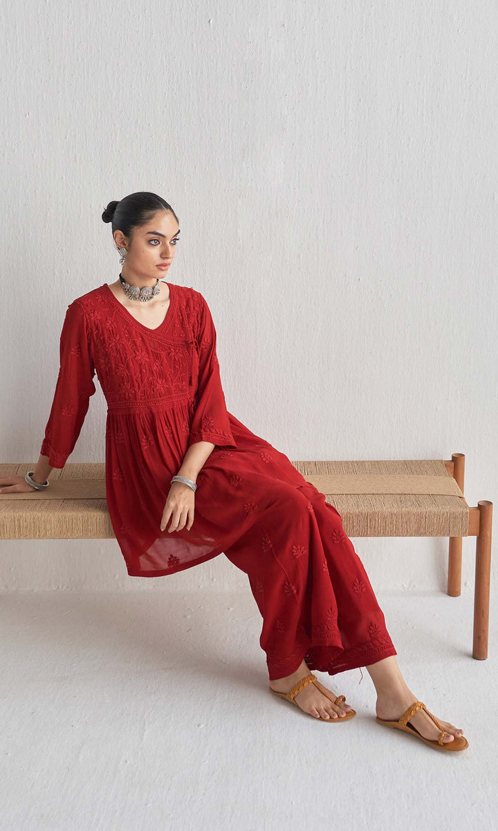 Handcrafted Chikankari Maroon Short Angrakha Kurta-Palazzo Set