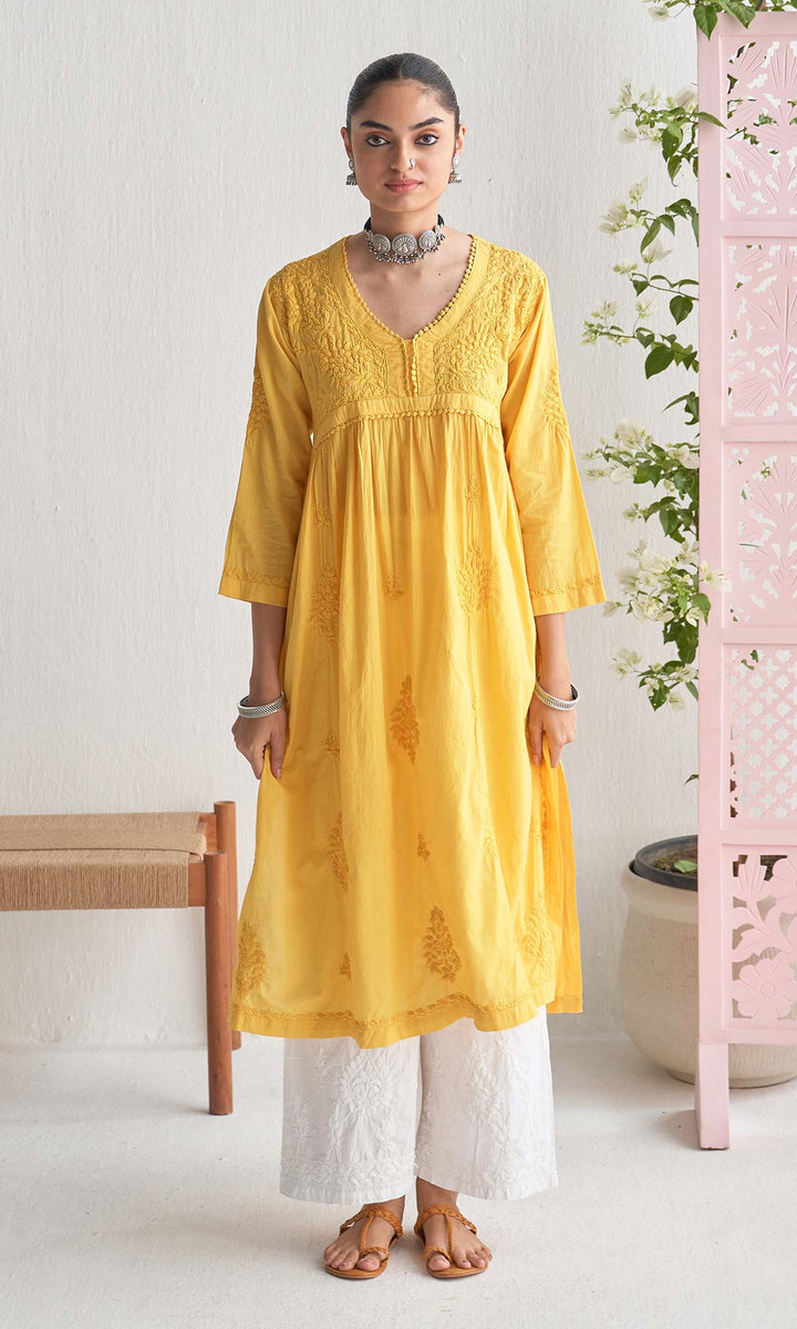 Handcrafted Chikankari Yellow A-Line Short Yoke Kurta