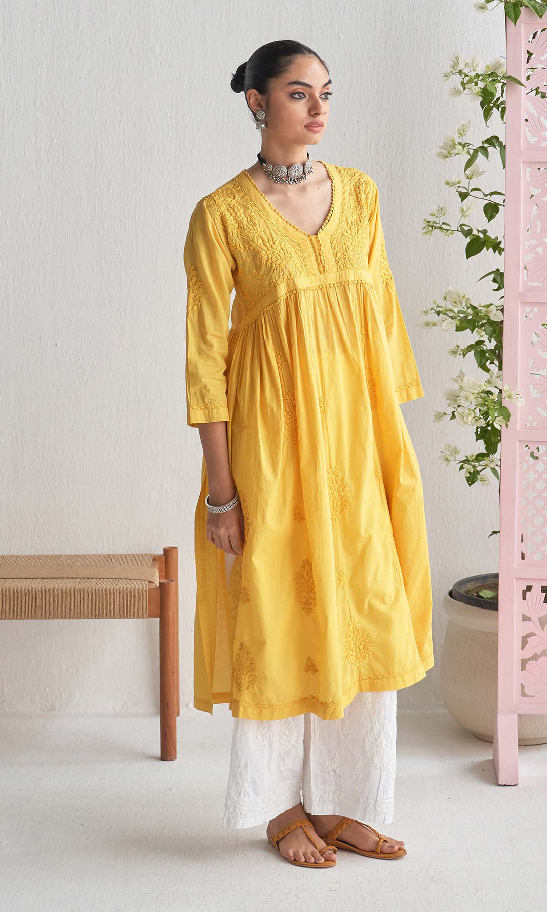 Handcrafted Chikankari Yellow A-Line Short Yoke Kurta