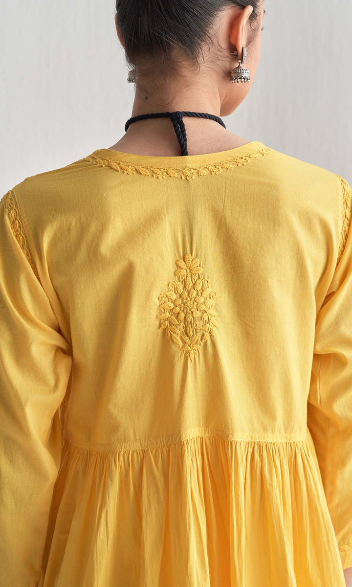 Handcrafted Chikankari Yellow A-Line Short Yoke Kurta