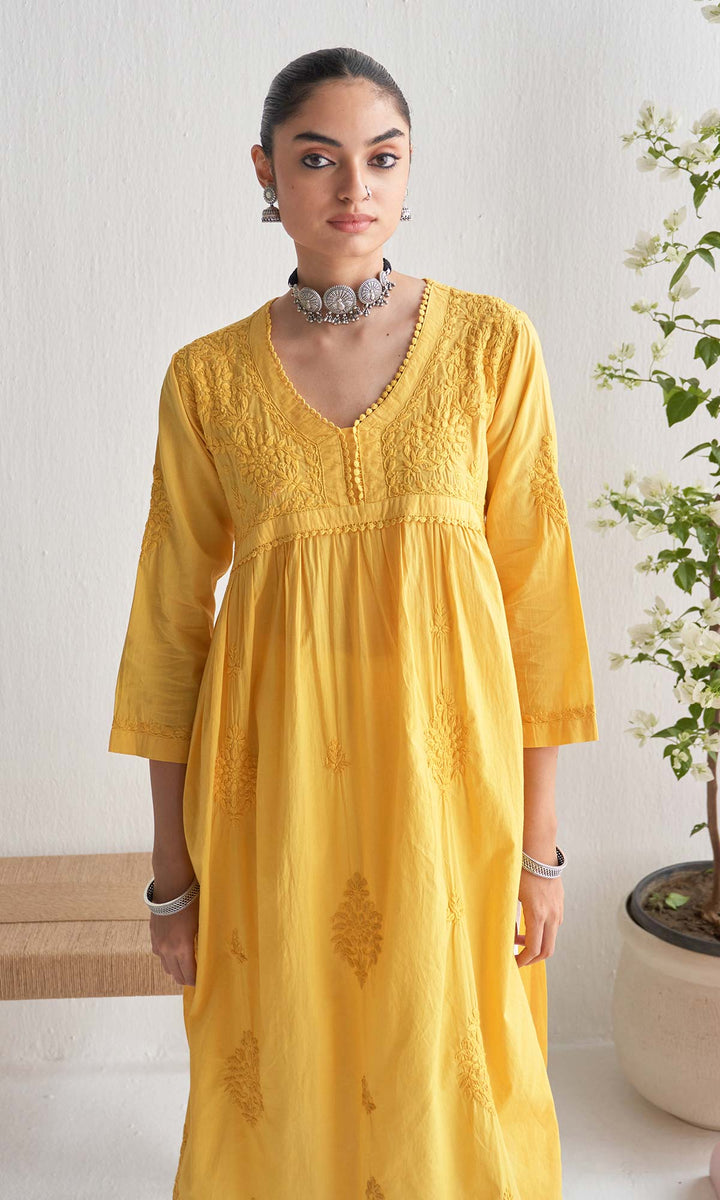 Handcrafted Chikankari Yellow A-Line Short Yoke Kurta