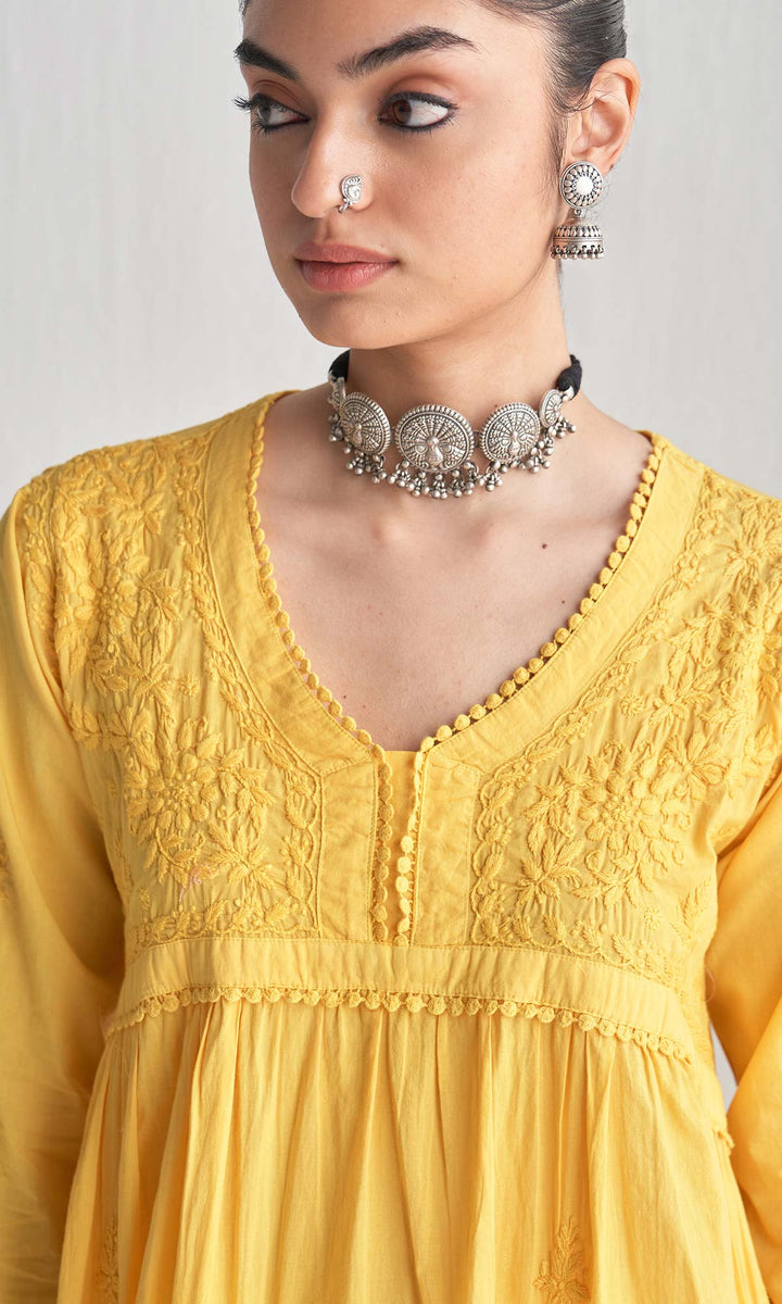Handcrafted Chikankari Yellow A-Line Short Yoke Kurta