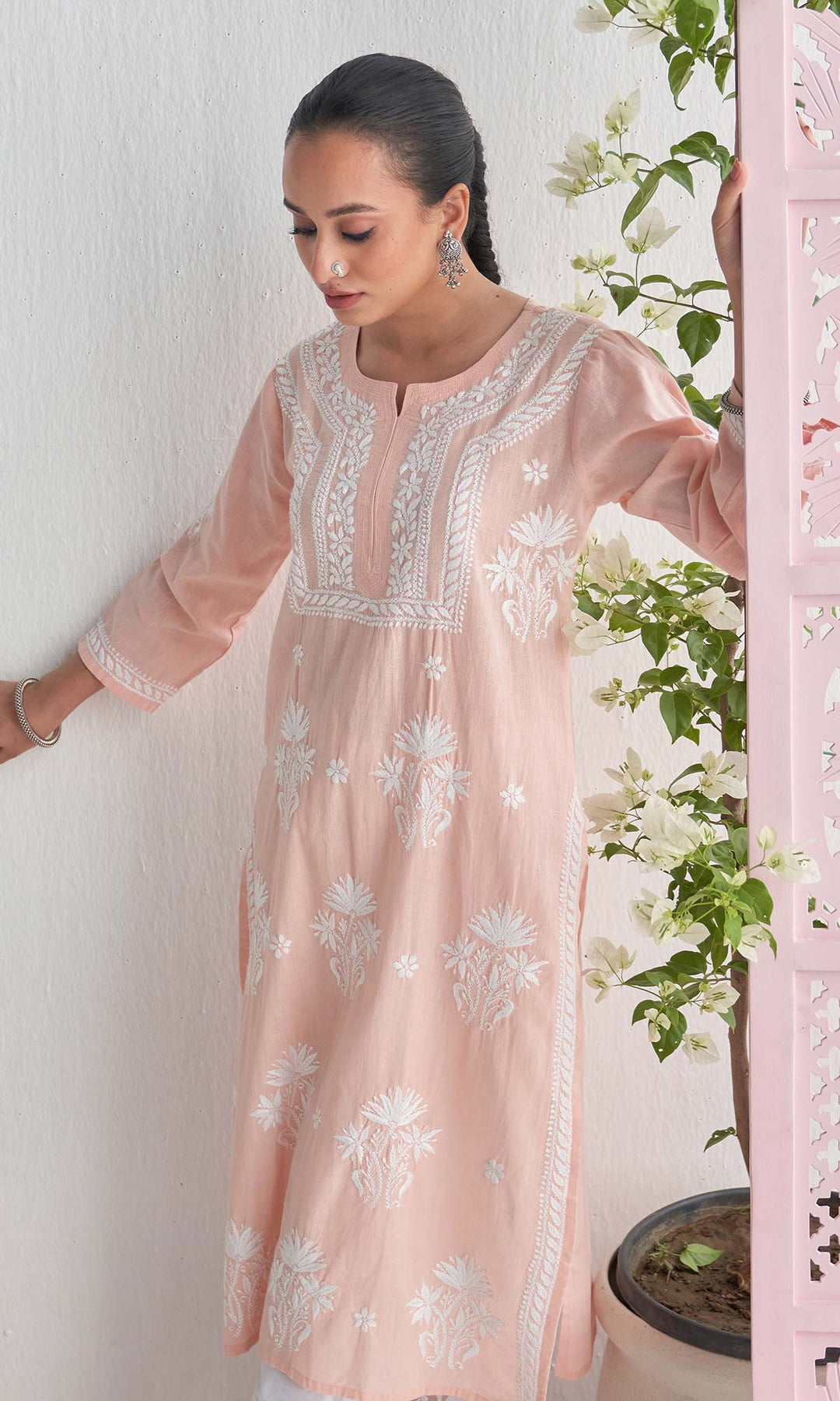 Handcrafted Chikankari Peach Straight Kurta