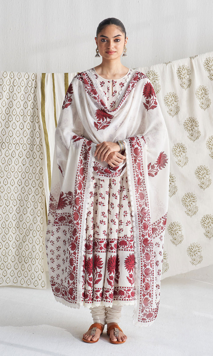 Gulmohar mughal red block printed anarkali with churidar and printed dupatta ( set of 3)