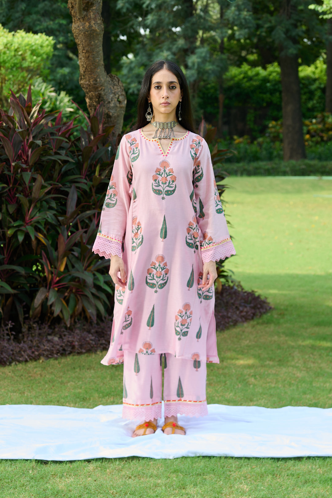 Boota Pink Mughal Choga With Palazzo And Dupatta (Set Of 3)