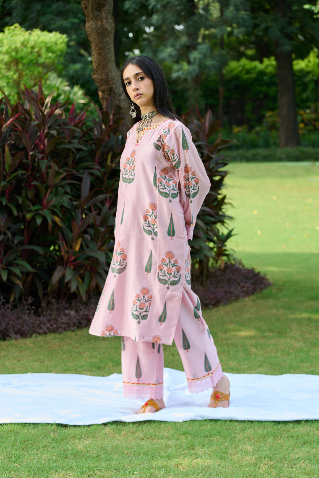 Boota Pink Mughal Choga With Palazzo And Dupatta (Set Of 3)