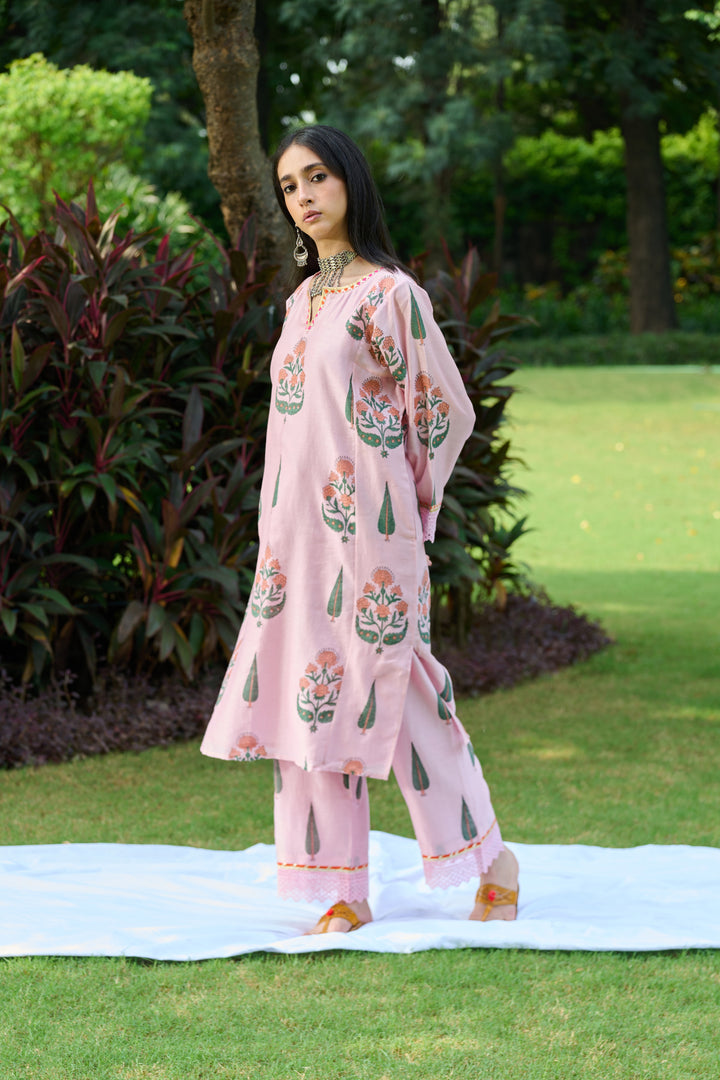 Boota Pink Mughal Choga With Palazzo And Dupatta (Set Of 3)