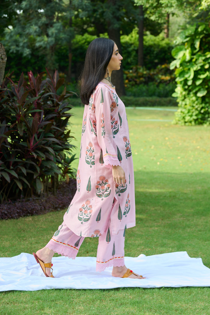 Boota Pink Mughal Choga With Palazzo And Dupatta (Set Of 3)