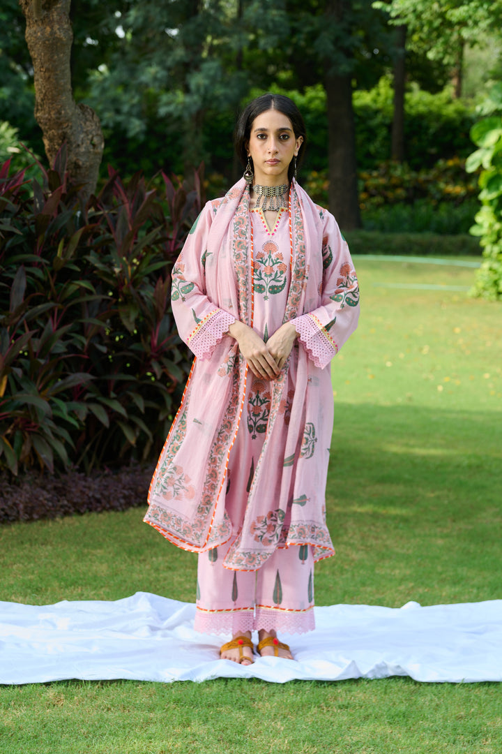 Boota Pink Mughal Choga With Palazzo And Dupatta (Set Of 3)