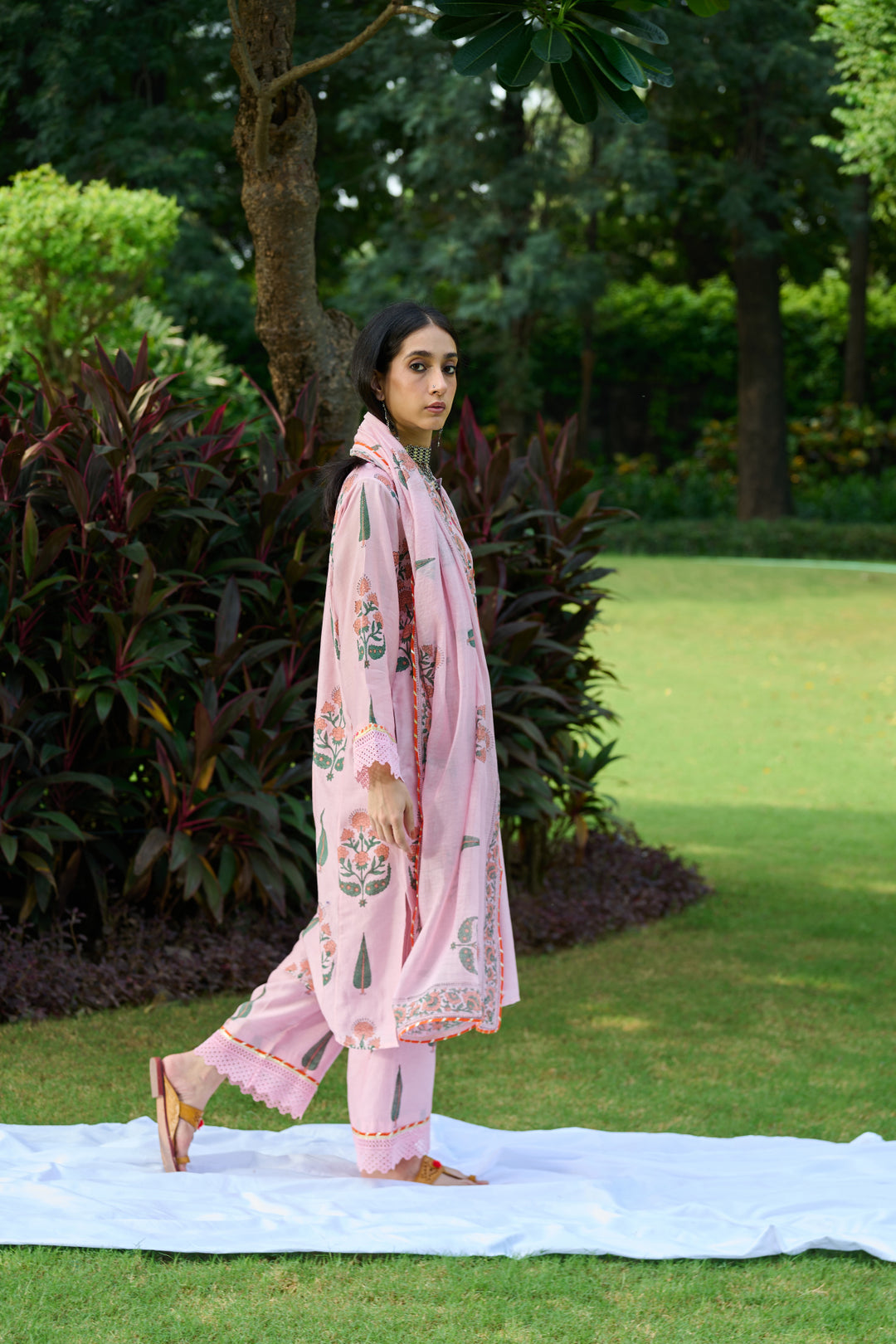 Boota Pink Mughal Choga With Palazzo And Dupatta (Set Of 3)