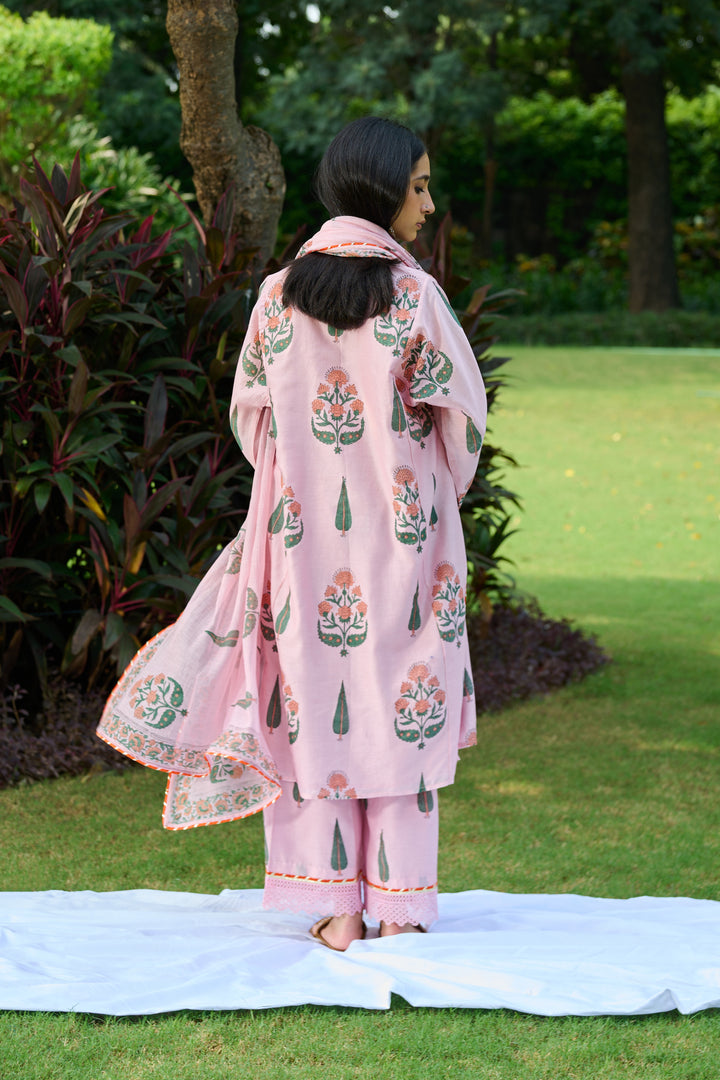 Boota Pink Mughal Choga With Palazzo And Dupatta (Set Of 3)