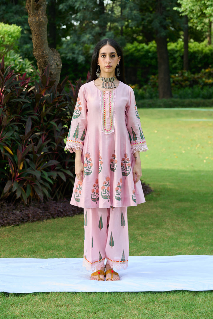 Boota Pink Short Anarkali With Farshi Salwar And Dupatta ( Set Of 3)