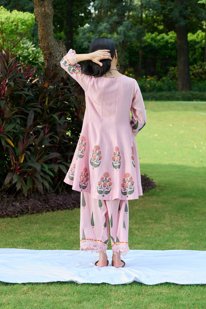 Boota Pink Short Anarkali With Farshi Salwar And Dupatta ( Set Of 3)