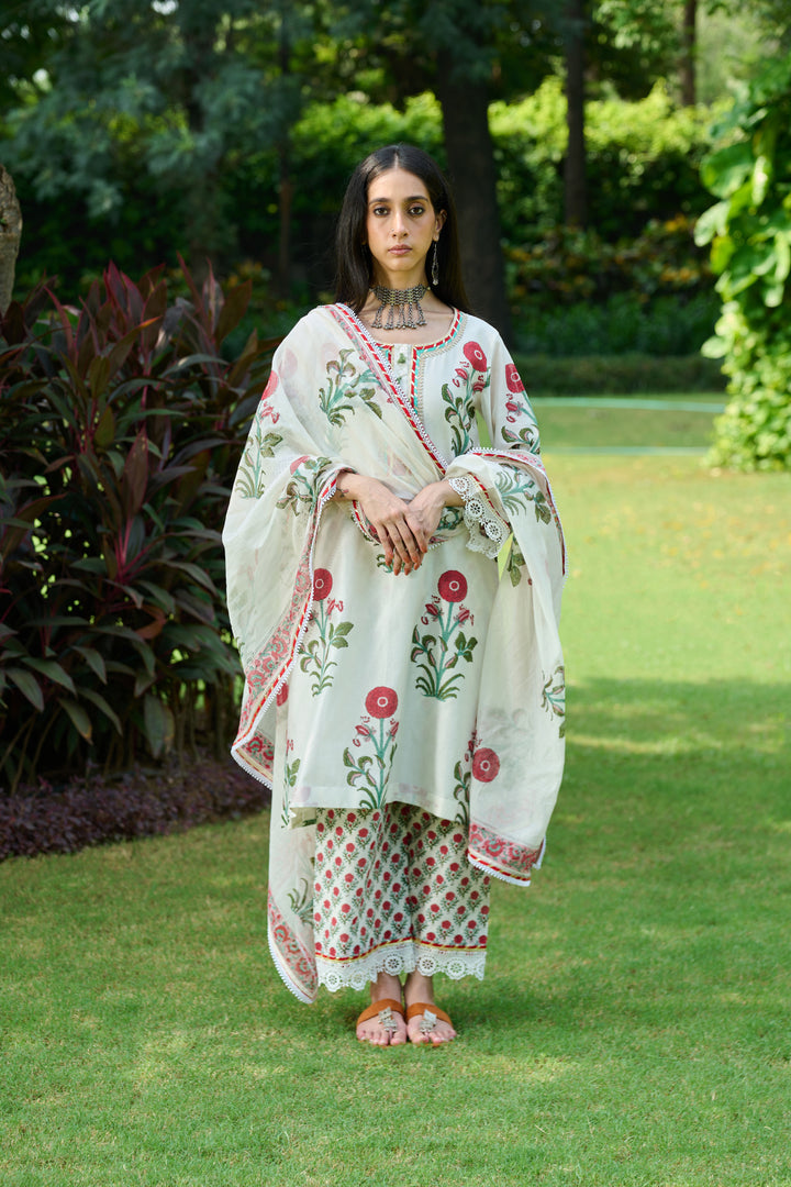 Boota Ivory Red Mughal Print Kurta With Palazzo And Dupatta ( Setof 3)