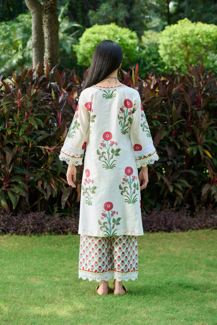 Boota Ivory Red Mughal Print Kurta With Palazzo And Dupatta ( Setof 3)