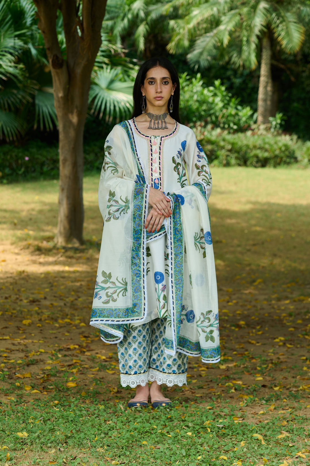 Boota Ivory Blue Mughal Print Kurta With Palazzo And Dupatta ( Setof 3)