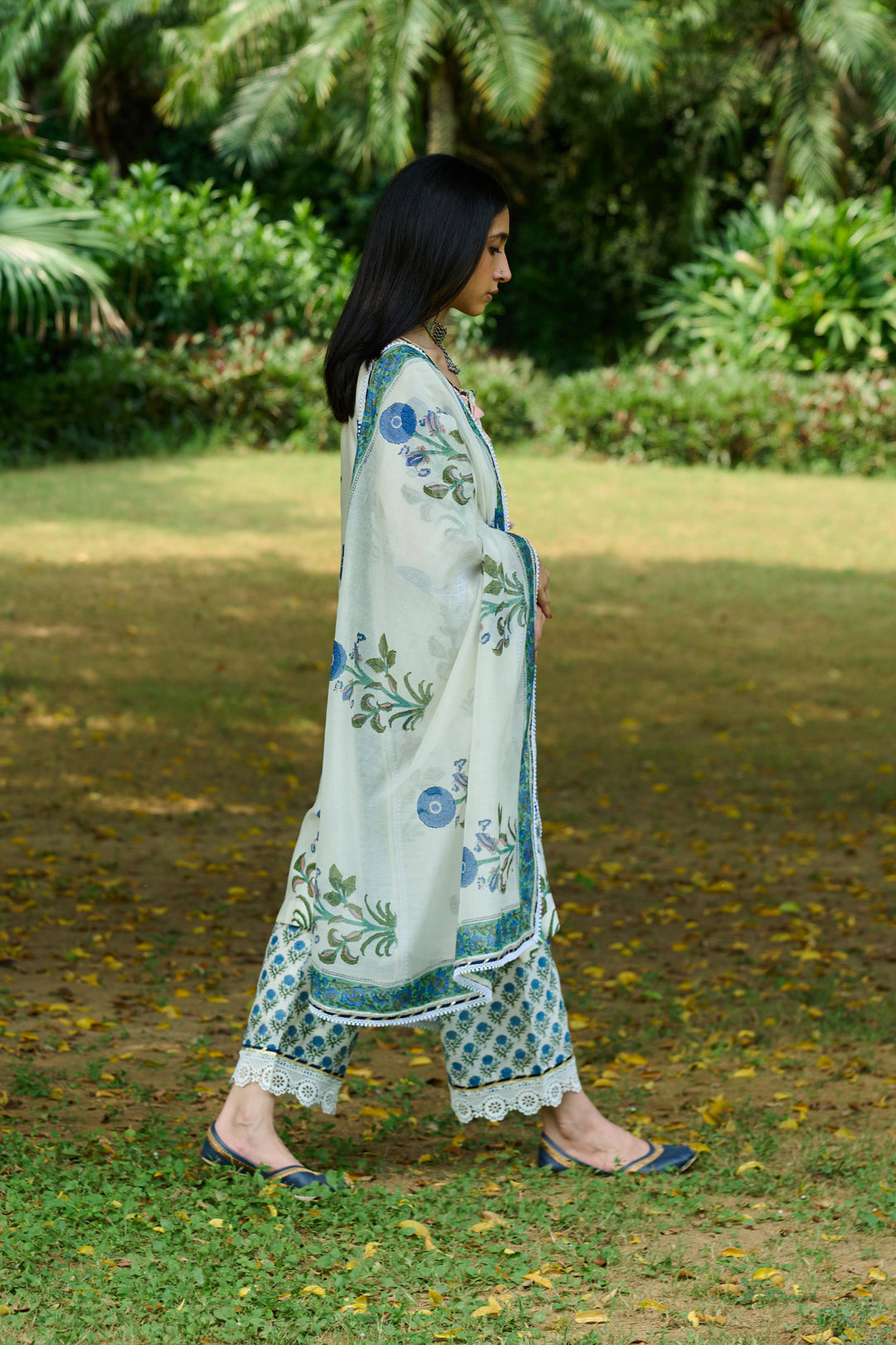 Boota Ivory Blue Mughal Print Kurta With Palazzo And Dupatta ( Setof 3)