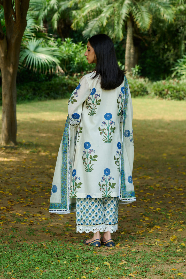 Boota Ivory Blue Mughal Print Kurta With Palazzo And Dupatta ( Setof 3)