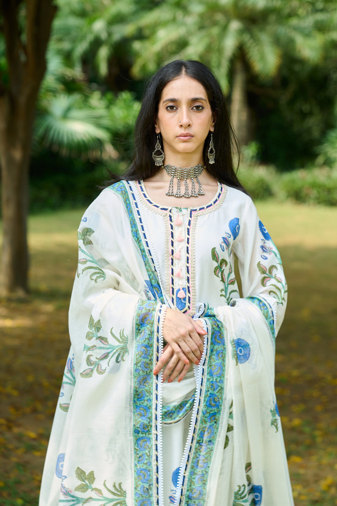 Boota Ivory Blue Mughal Print Kurta With Palazzo And Dupatta ( Setof 3)