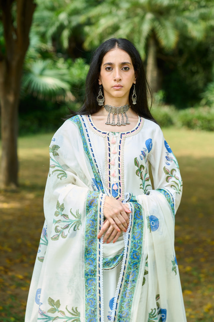 Boota Ivory Blue Mughal Print Kurta With Palazzo And Dupatta ( Setof 3)