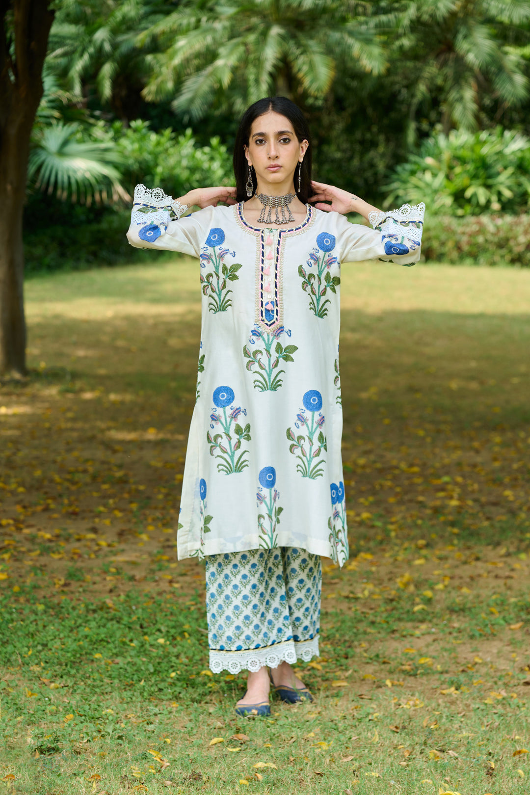 Boota Ivory Blue Mughal Print Kurta With Palazzo And Dupatta ( Setof 3)