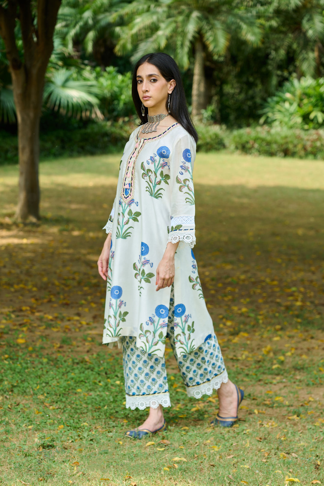 Boota Ivory Blue Mughal Print Kurta With Palazzo And Dupatta ( Setof 3)