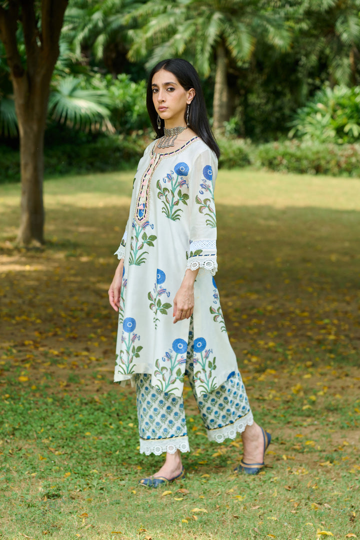 Boota Ivory Blue Mughal Print Kurta With Palazzo And Dupatta ( Setof 3)