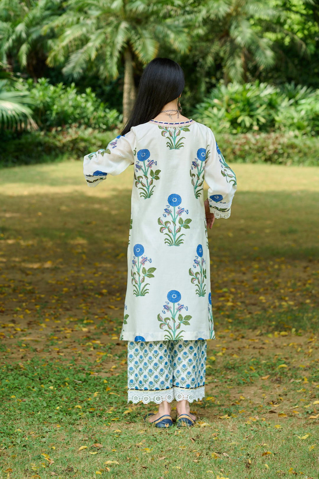 Boota Ivory Blue Mughal Print Kurta With Palazzo And Dupatta ( Setof 3)