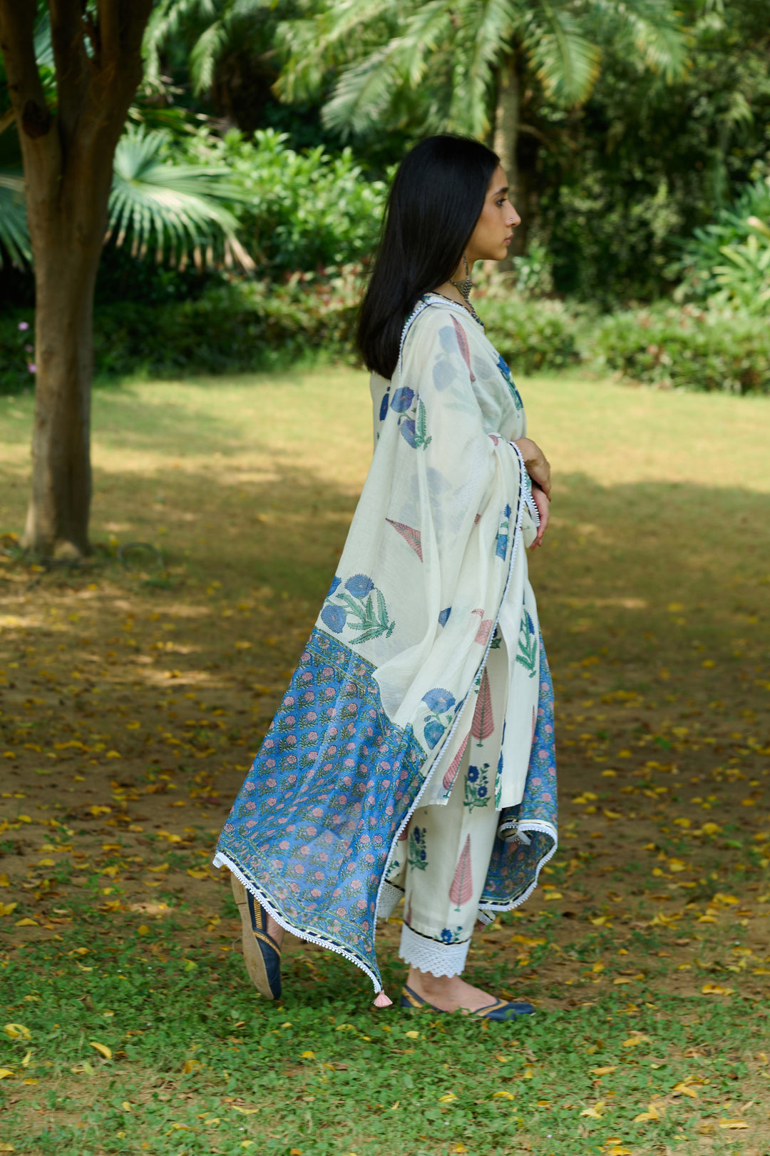 Boota Ivory Blue Mughal Print Kurta With Palazzo And Dupatta ( Setof 3)